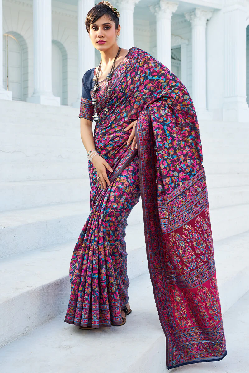 Elegant Navy Blue Pashmina saree With Intricate Blouse Piece - Image 4