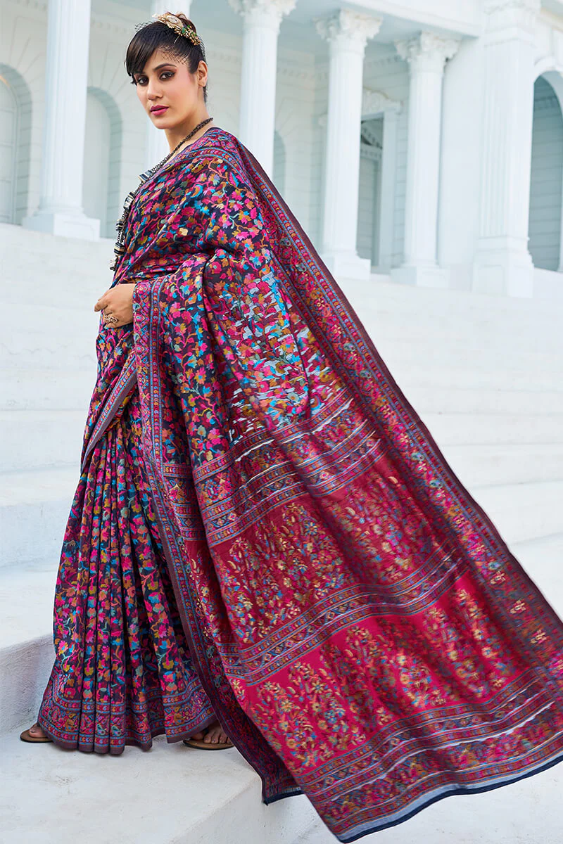 Elegant Navy Blue Pashmina saree With Intricate Blouse Piece - Image 6