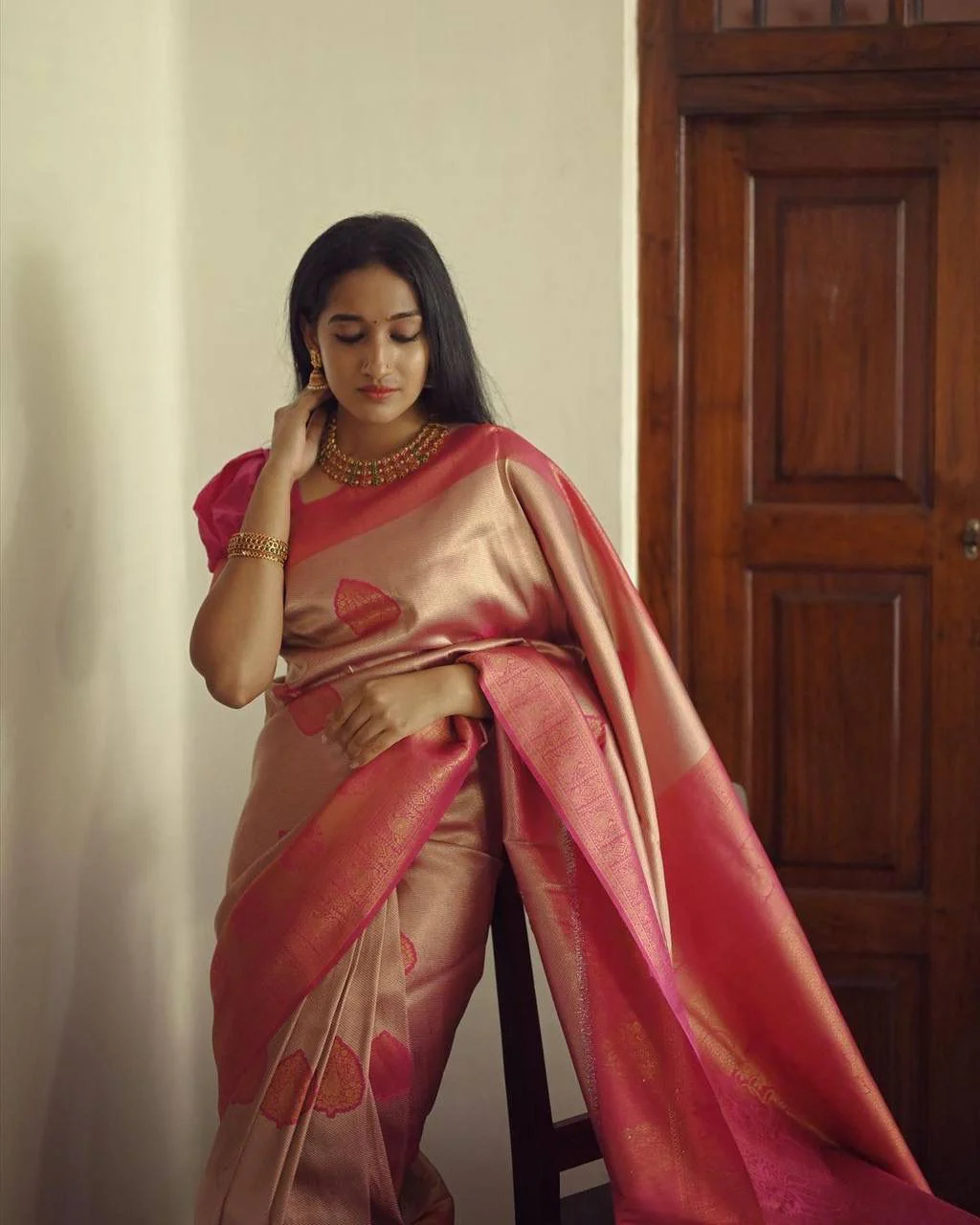Elegant Peach Soft Silk Saree With Unique Blouse Piece - Image 3