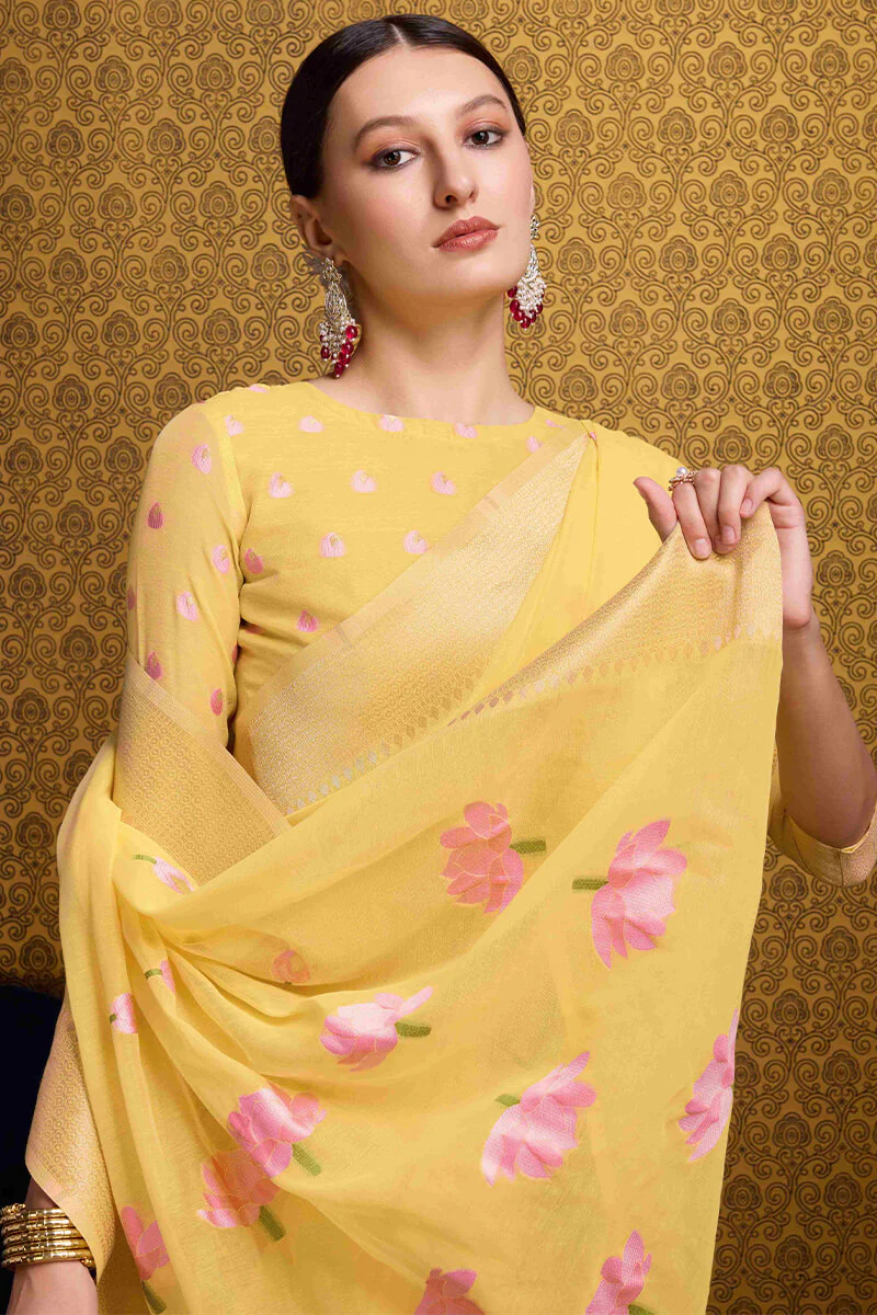 Elegant Yellow Cotton Silk Saree With Mesmeric Blouse Piece - Image 2