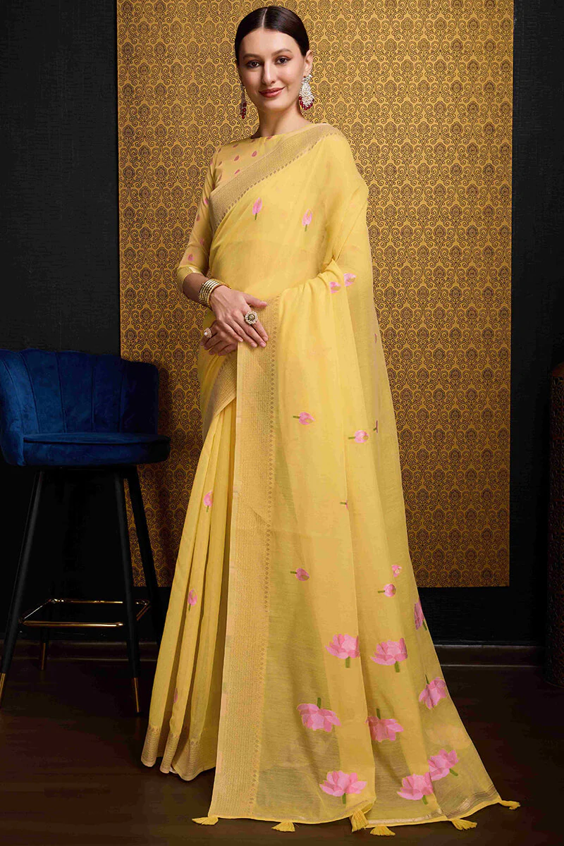 Elegant Yellow Cotton Silk Saree With Mesmeric Blouse Piece - Image 3