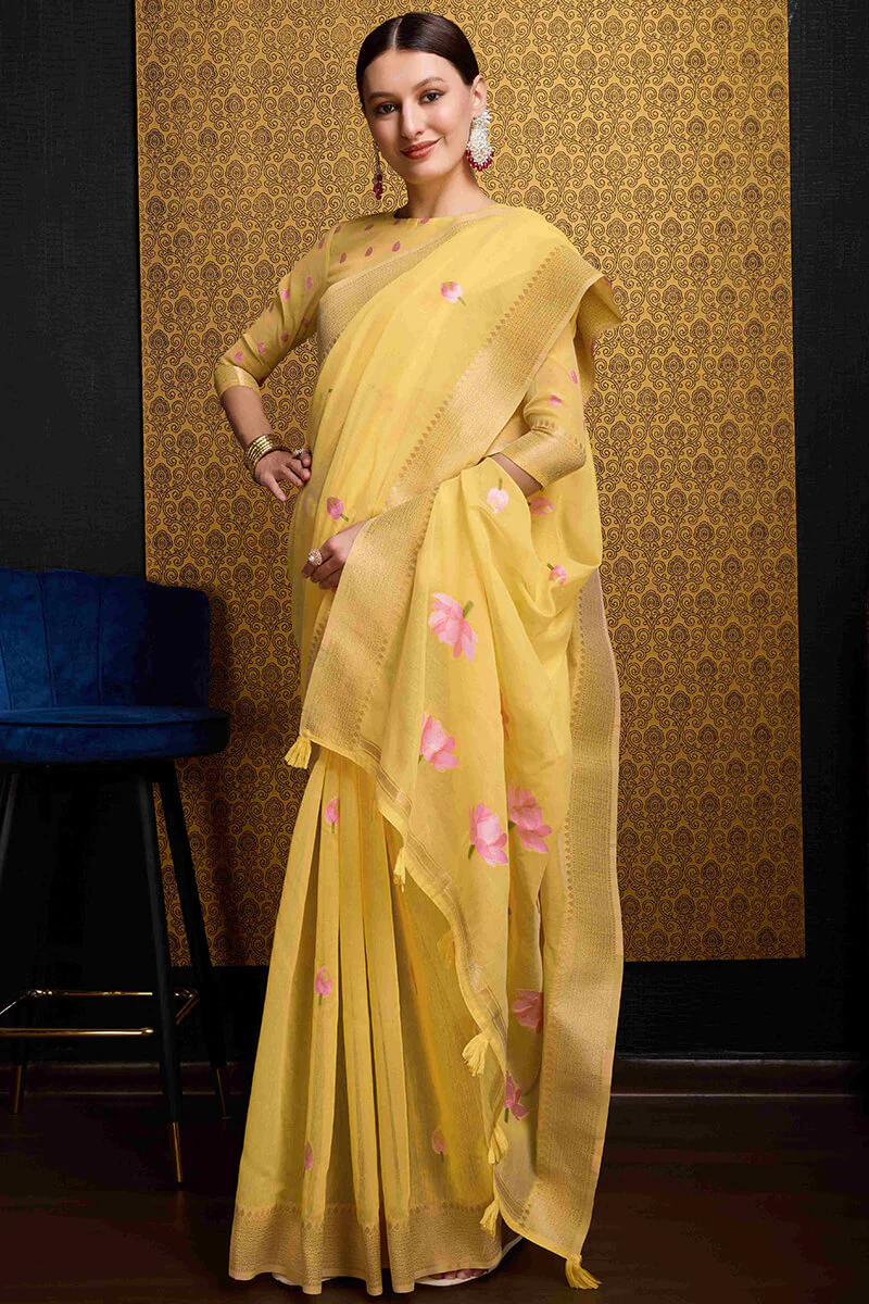Elegant Yellow Cotton Silk Saree With Mesmeric Blouse Piece - Image 5