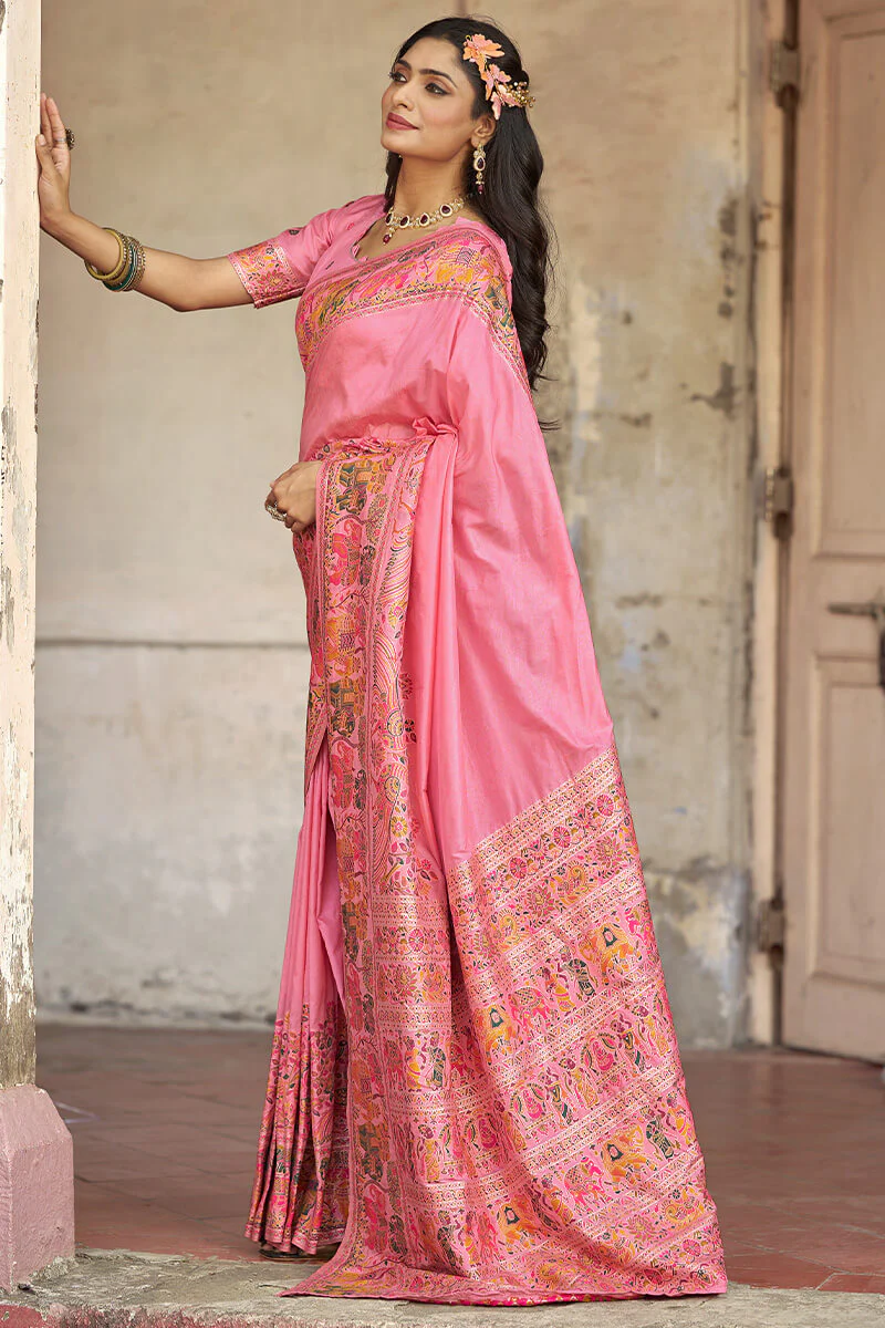 Elision Baby Pink Pashmina Saree With Demure Blouse Piece - Image 3