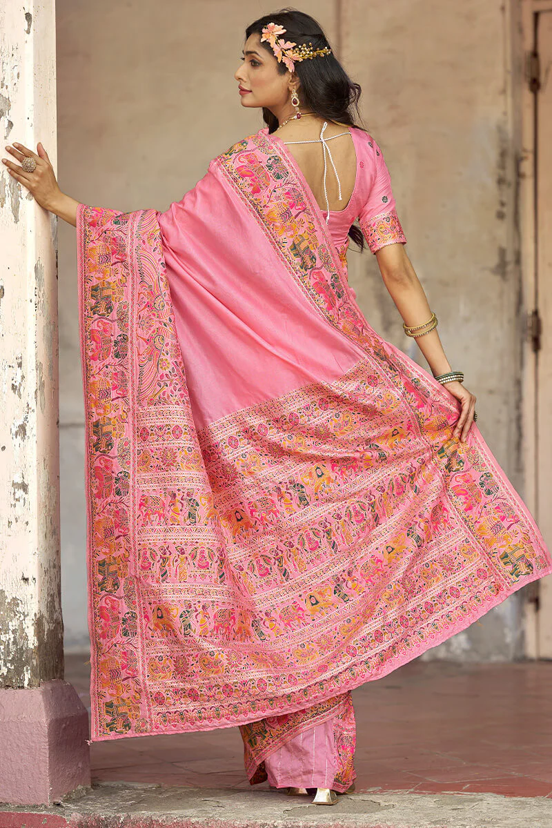 Elision Baby Pink Pashmina Saree With Demure Blouse Piece - Image 5