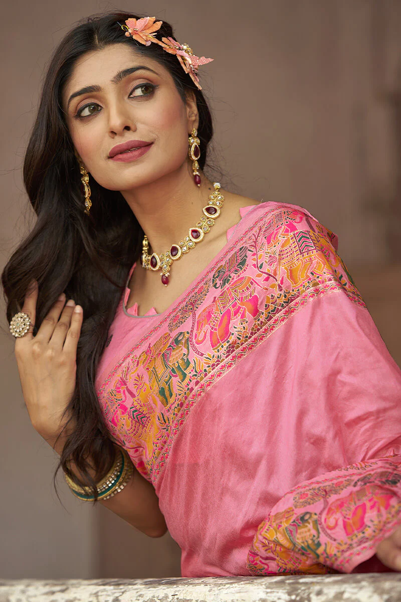 Elision Baby Pink Pashmina Saree With Demure Blouse Piece - Image 6