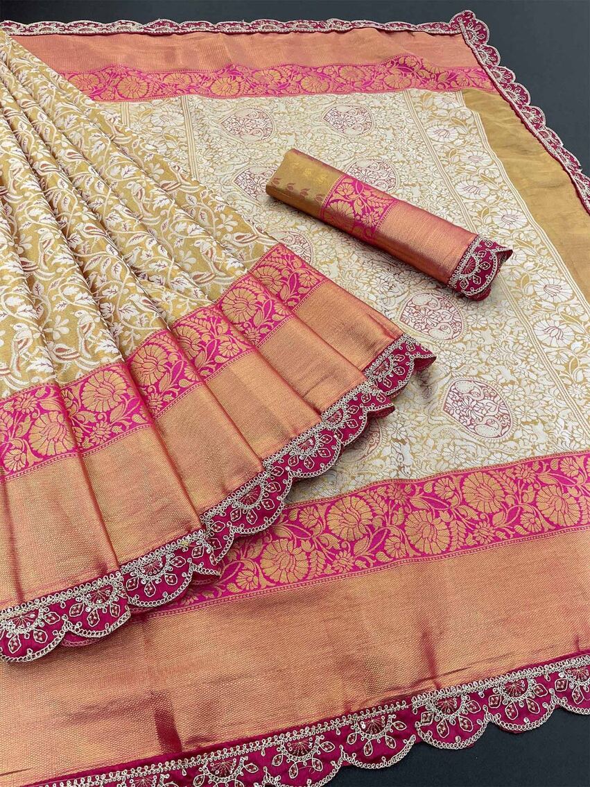 Elision Beige Kanjivaram Silk Saree With Fugacious Blouse Piece - Image 2