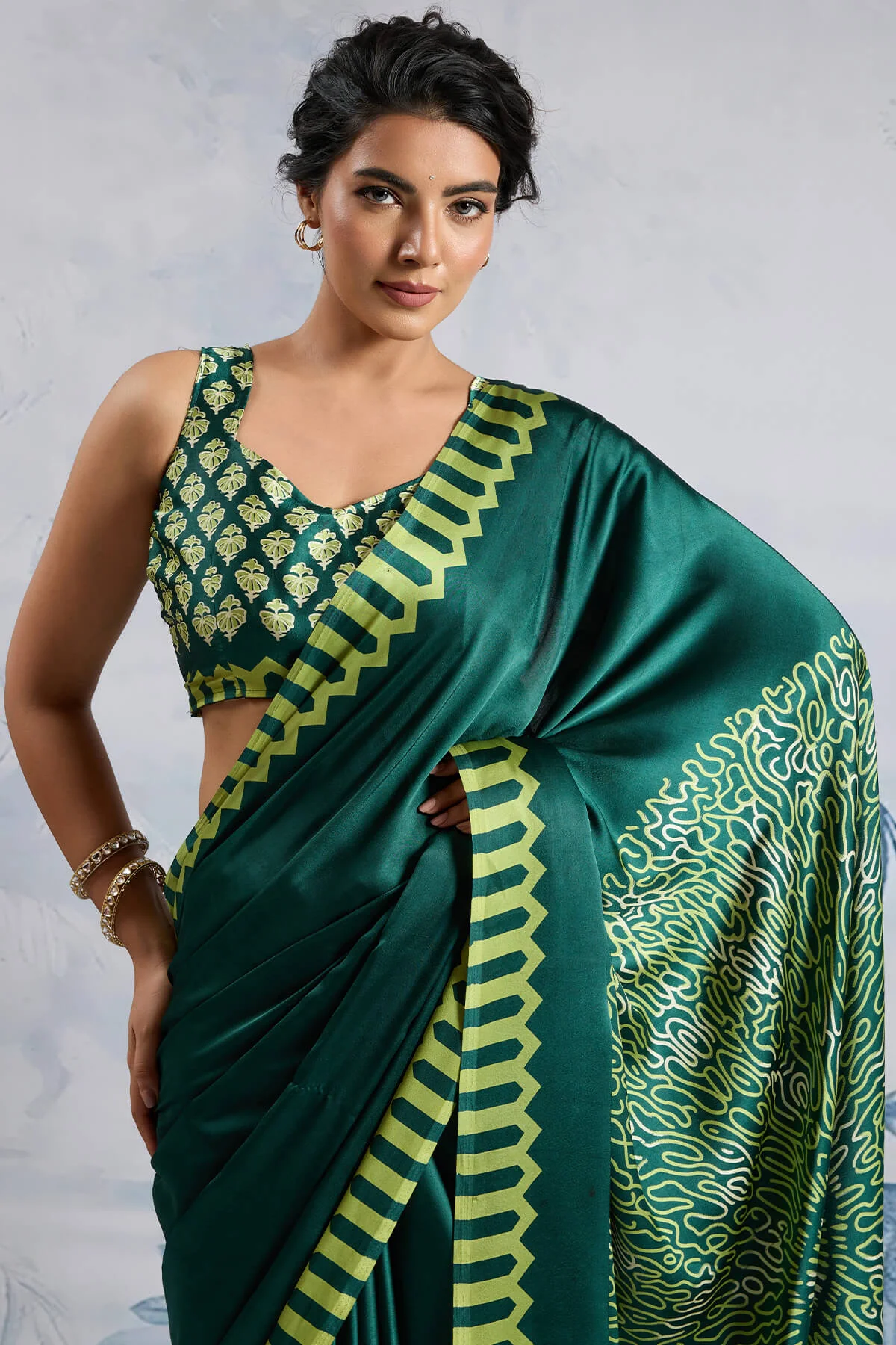 Elision Dark Green Ajrakh Printed Satin Silk Saree With Desiring Blouse Piece - Image 2