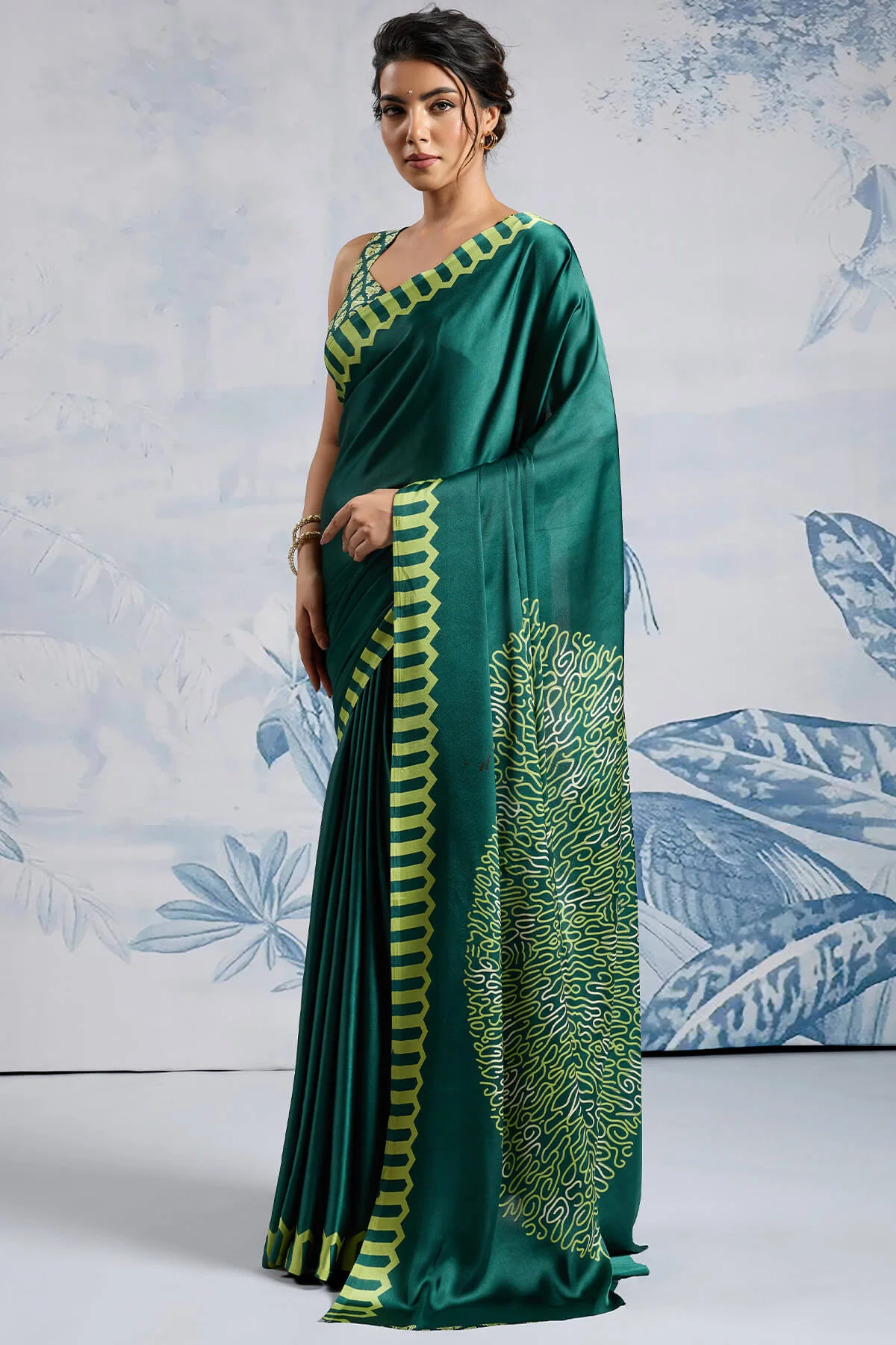 Elision Dark Green Ajrakh Printed Satin Silk Saree With Desiring Blouse Piece - Image 3