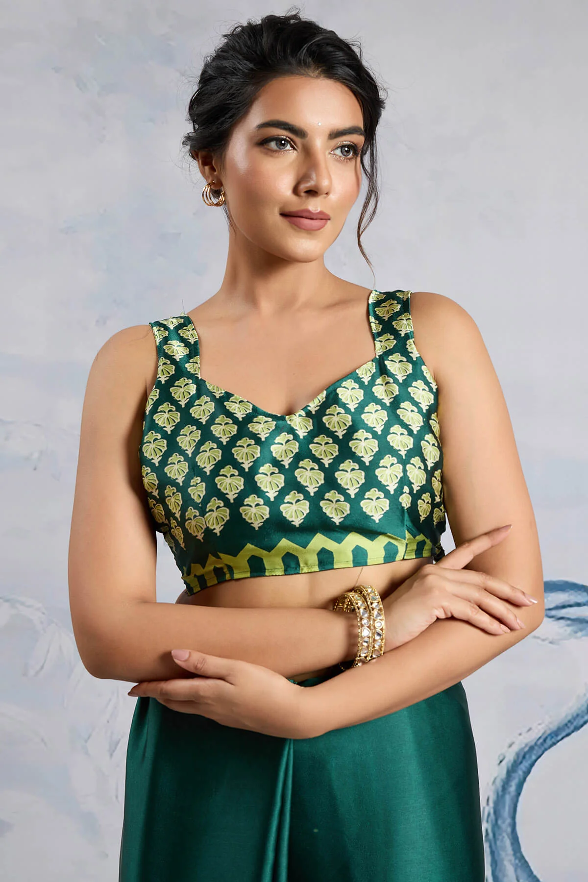 Elision Dark Green Ajrakh Printed Satin Silk Saree With Desiring Blouse Piece - Image 4