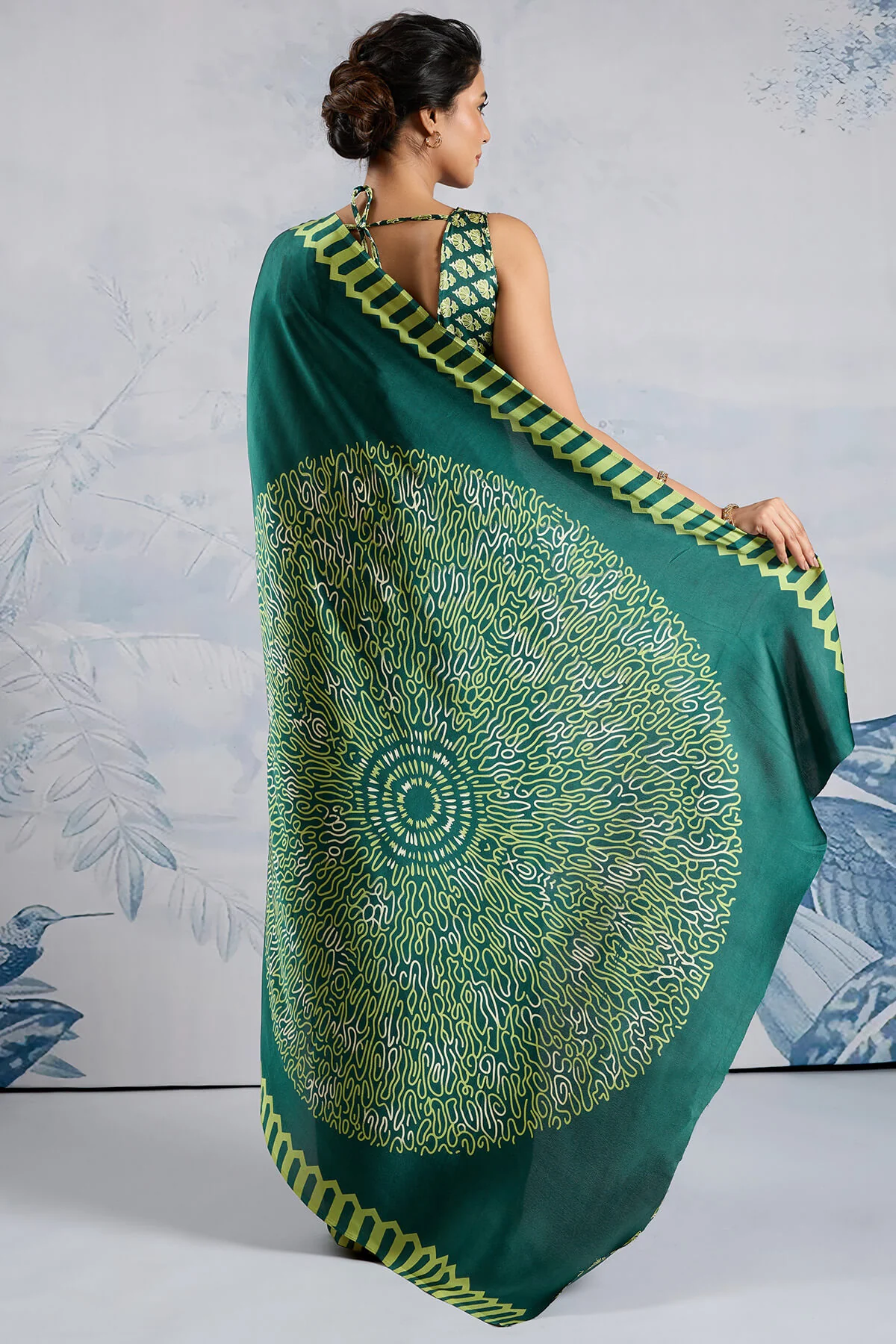 Elision Dark Green Ajrakh Printed Satin Silk Saree With Desiring Blouse Piece - Image 6