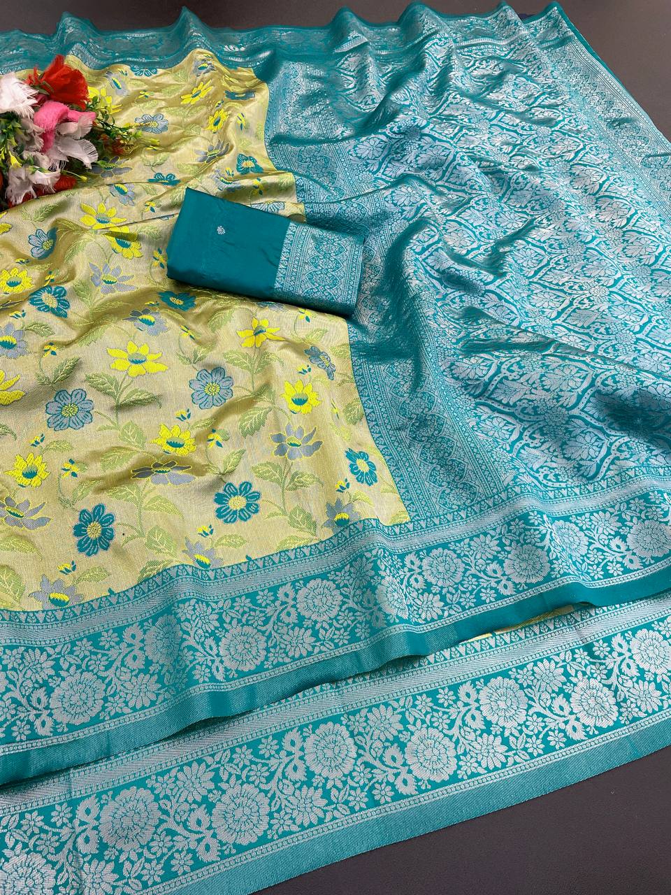 Elision Green Soft Banarasi Tissue Silk Saree With Traditional Blouse Piece - Image 2