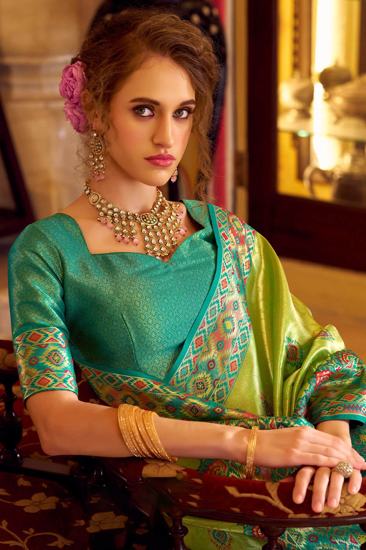 Elision Green Tissue Patola Silk Saree with Effulgent Blouse Piece - Image 2