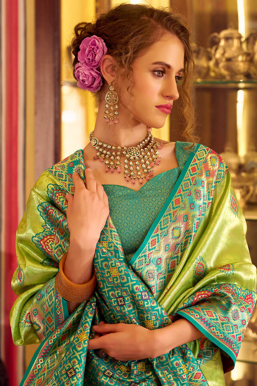 Elision Green Tissue Patola Silk Saree with Effulgent Blouse Piece - Image 3