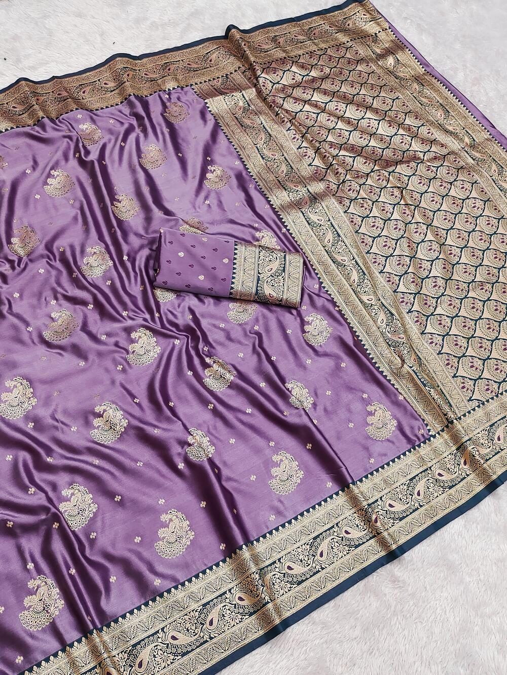 Elision Lavender Banarasi Satin Silk Saree With Surreptitious Blouse - Image 2