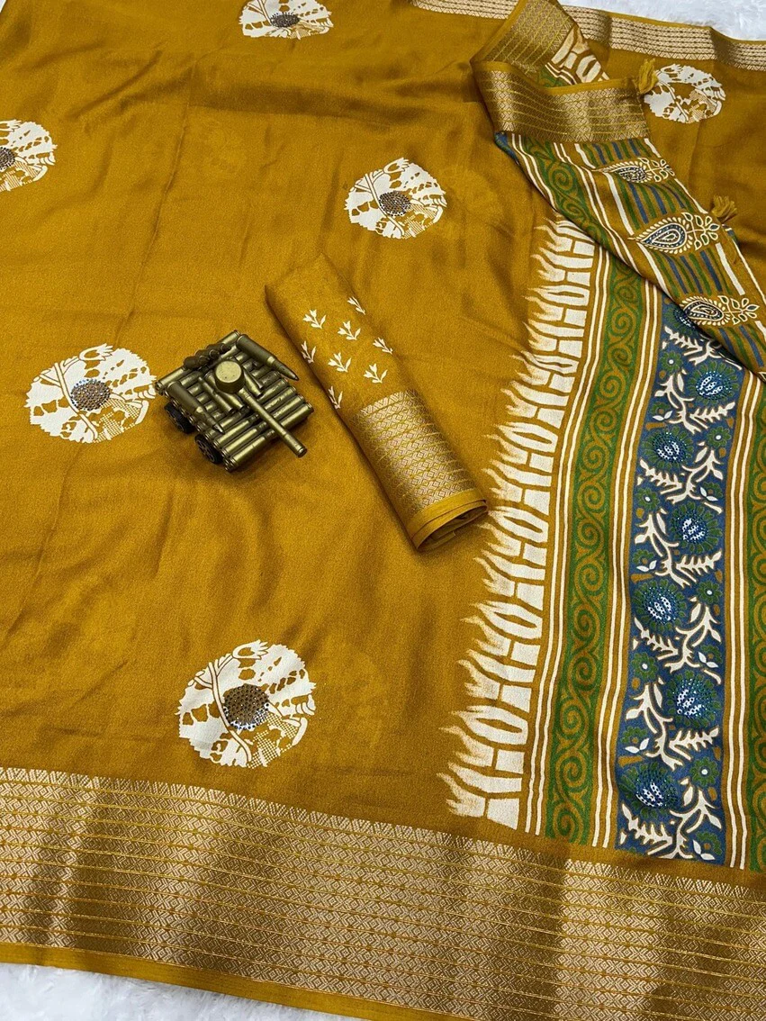 Elision Mustard Digital Printed Dola Silk Saree With Moiety Blouse Piece - Image 2