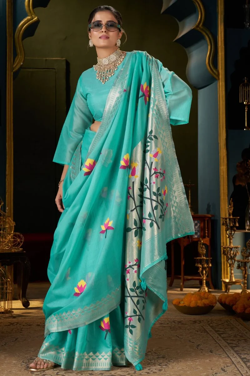 Elision Turquoise Cotton Silk Saree With Nemesis Blouse Piece - Image 5