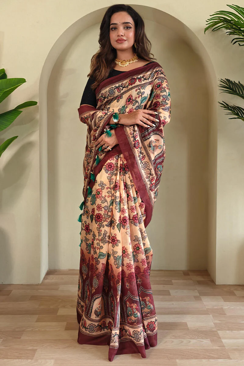 Eloquence Beige Kalamkari Printed Saree With Palimpsest Blouse Piece - Image 3