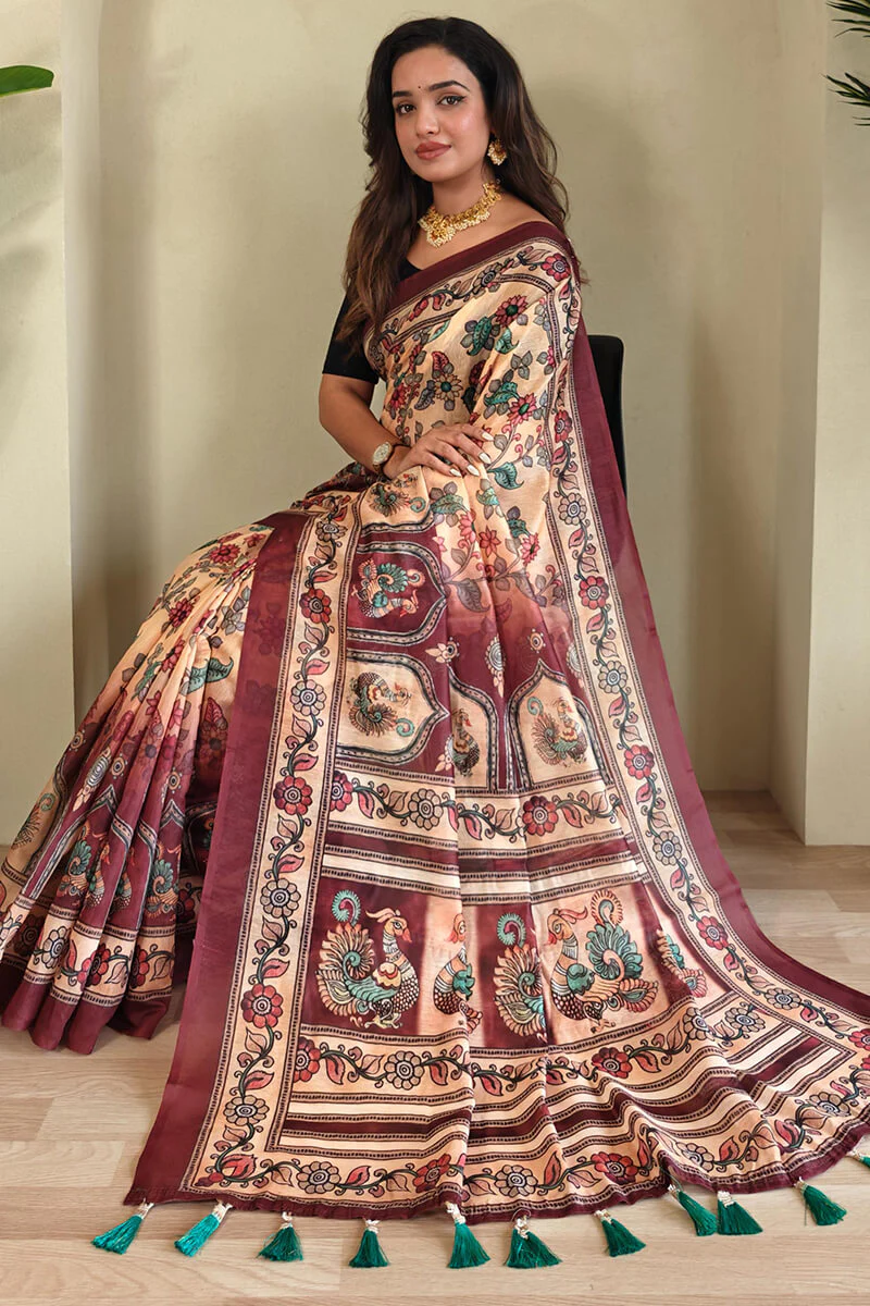 Eloquence Beige Kalamkari Printed Saree With Palimpsest Blouse Piece - Image 4