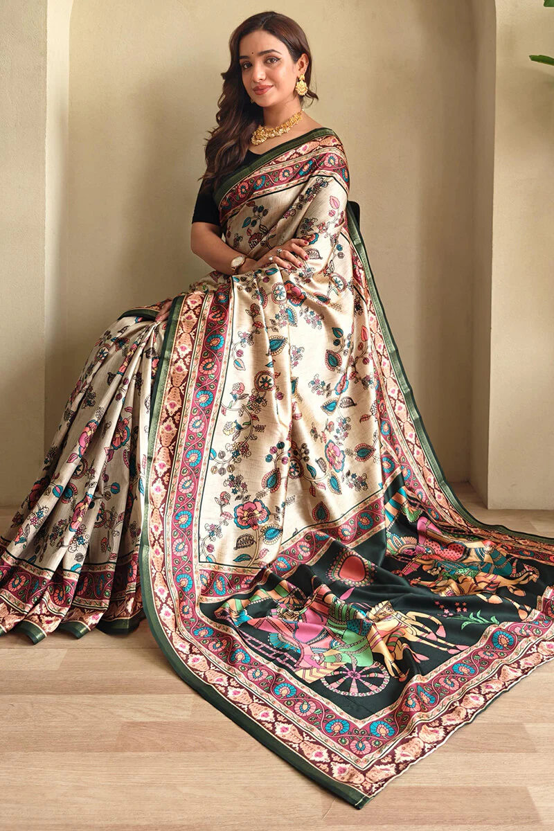Eloquence Beige Soft Silk Kalamkari Printed Saree With Fancifull Blouse Piece - Image 2