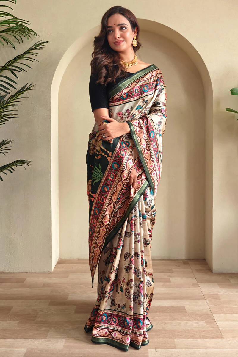 Eloquence Beige Soft Silk Kalamkari Printed Saree With Fancifull Blouse Piece - Image 3