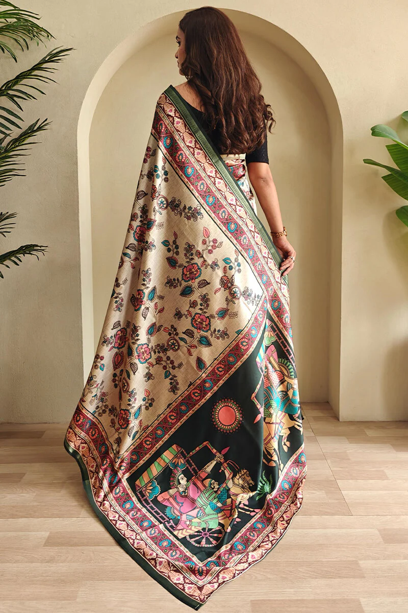 Eloquence Beige Soft Silk Kalamkari Printed Saree With Fancifull Blouse Piece - Image 4