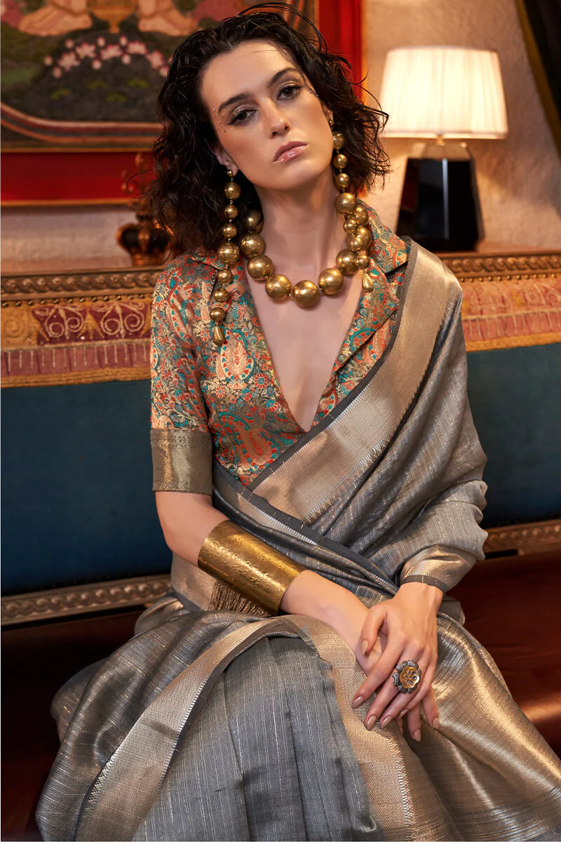 Eloquence Grey Soft Banarasi Silk Saree With Mellifluous Blouse Piece - Image 2