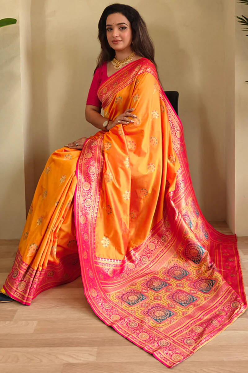 Eloquence Orange Soft Banarasi Silk Saree With Mellifluous Blouse Piece - Image 2