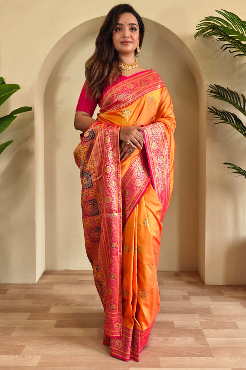 Eloquence Orange Soft Banarasi Silk Saree With Mellifluous Blouse Piece - Image 4