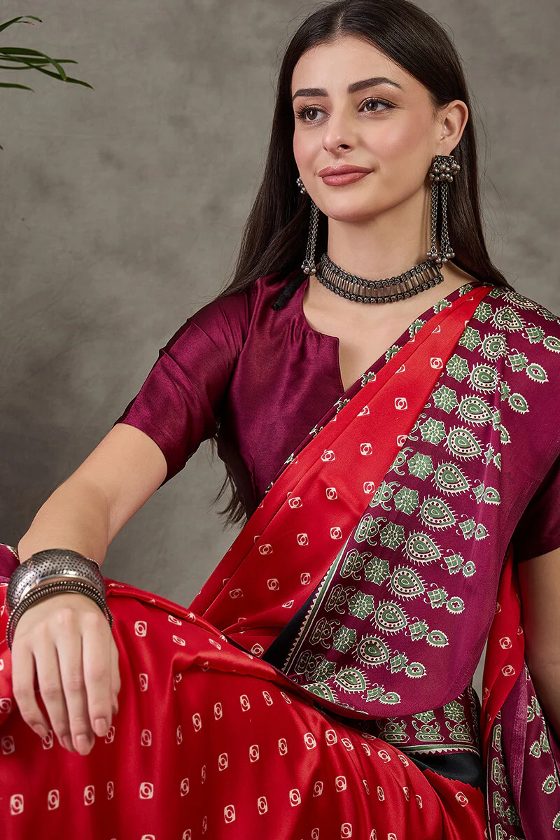 Eloquence Red Ajrakh Printed Semi Modal Silk Saree With Groovy Blouse Piece - Image 2