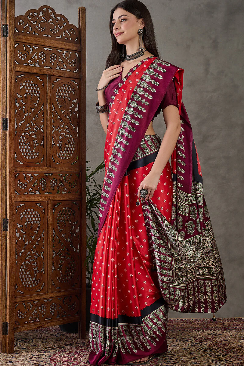 Eloquence Red Ajrakh Printed Semi Modal Silk Saree With Groovy Blouse Piece - Image 3