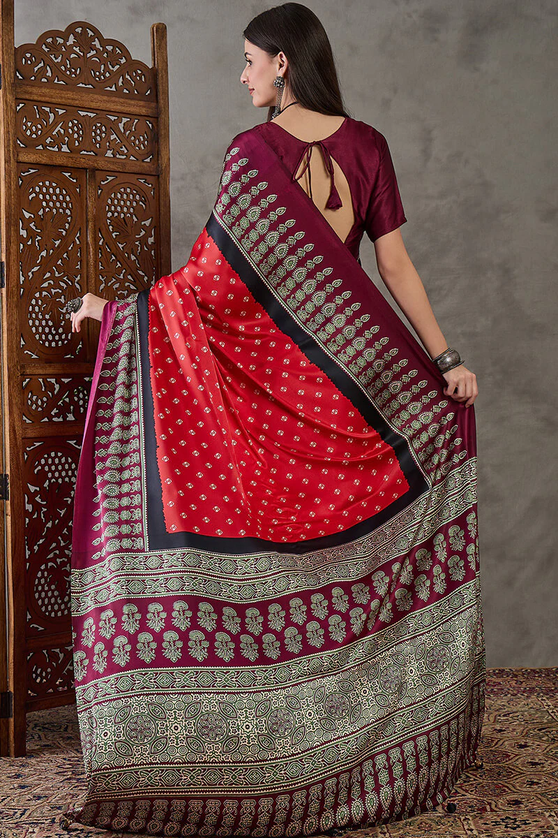 Eloquence Red Ajrakh Printed Semi Modal Silk Saree With Groovy Blouse Piece - Image 6
