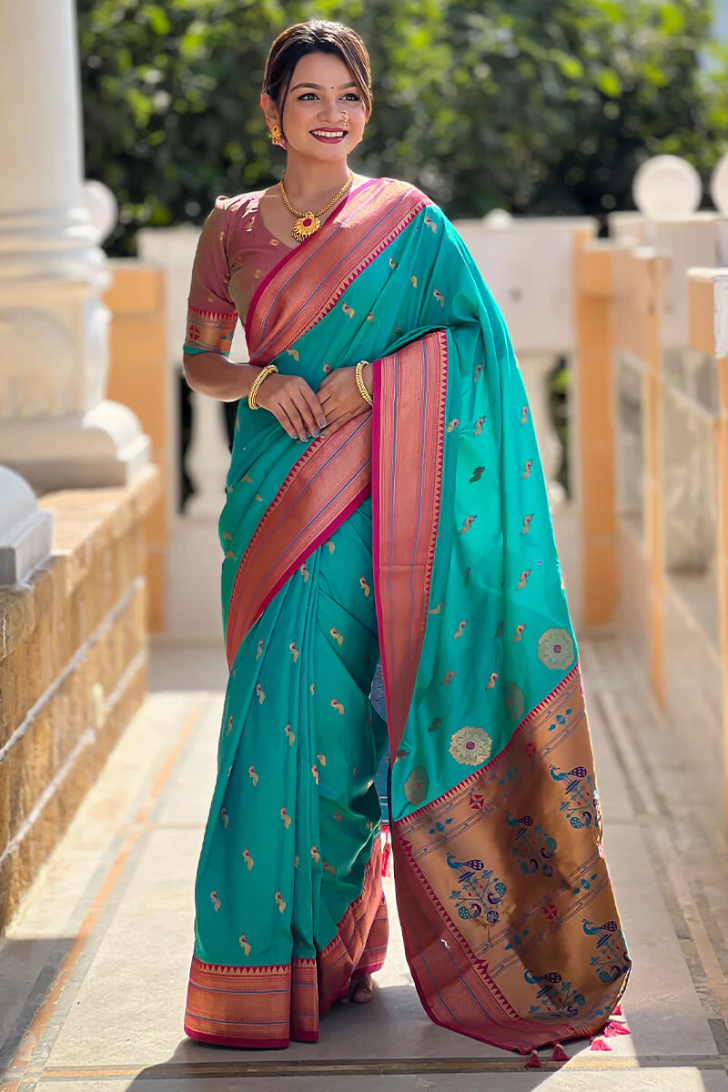 Eloquence Sea Green Paithani Silk Saree With Fugacious Blouse Piece - Image 2