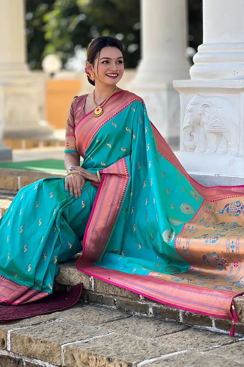 Eloquence Sea Green Paithani Silk Saree With Fugacious Blouse Piece - Image 3