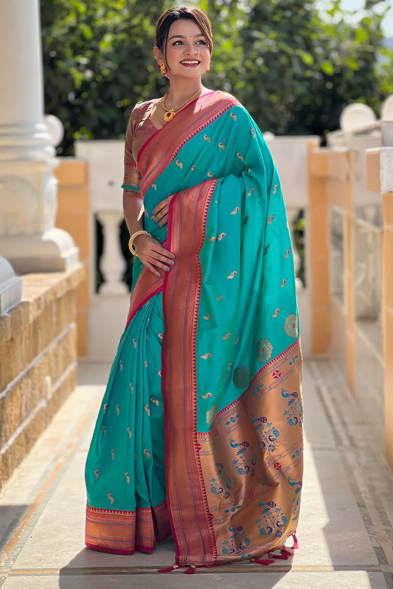 Eloquence Sea Green Paithani Silk Saree With Fugacious Blouse Piece - Image 6