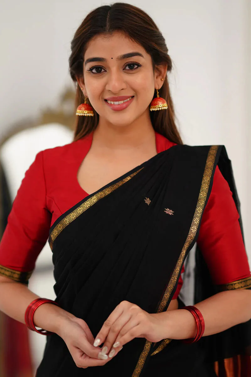 Embellished Black Cotton Silk Saree With Ethereal Blouse Piece - Image 3