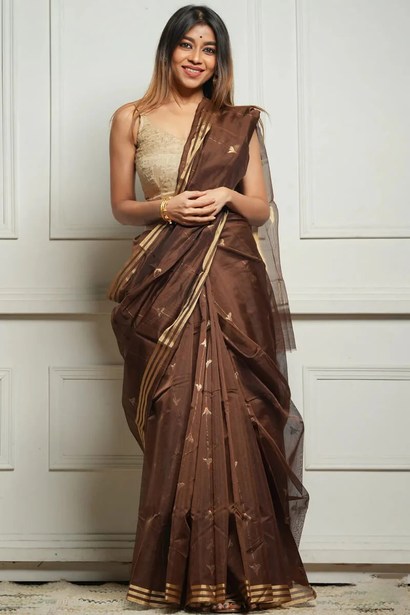 Embellished Brown Cotton Silk Saree With Felicitous Blouse Piece - Image 7