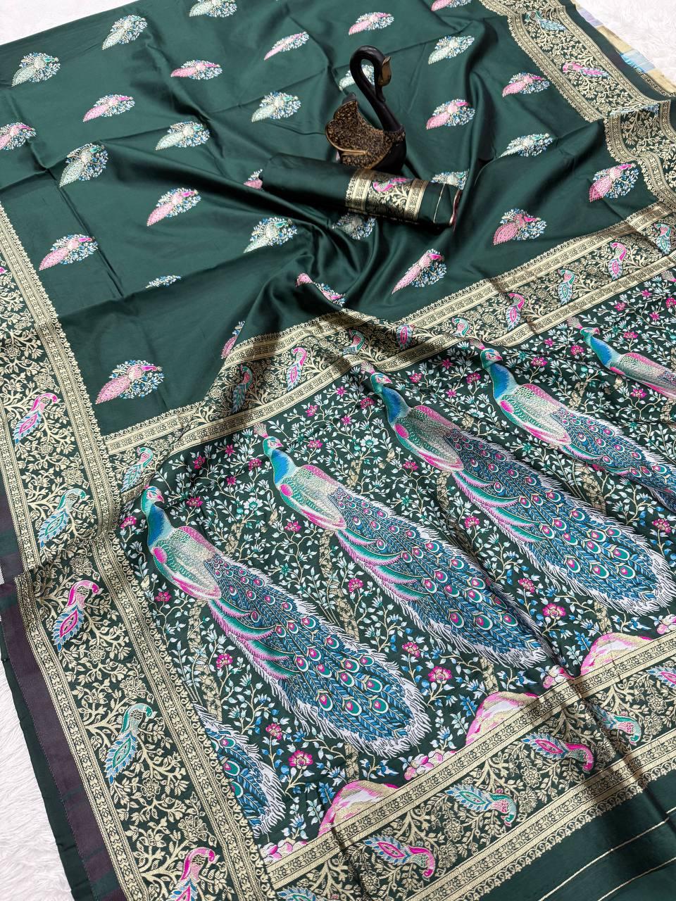 Embellished Dark Green Soft Banarasi Silk Saree With Designer Blouse Piece - Image 2