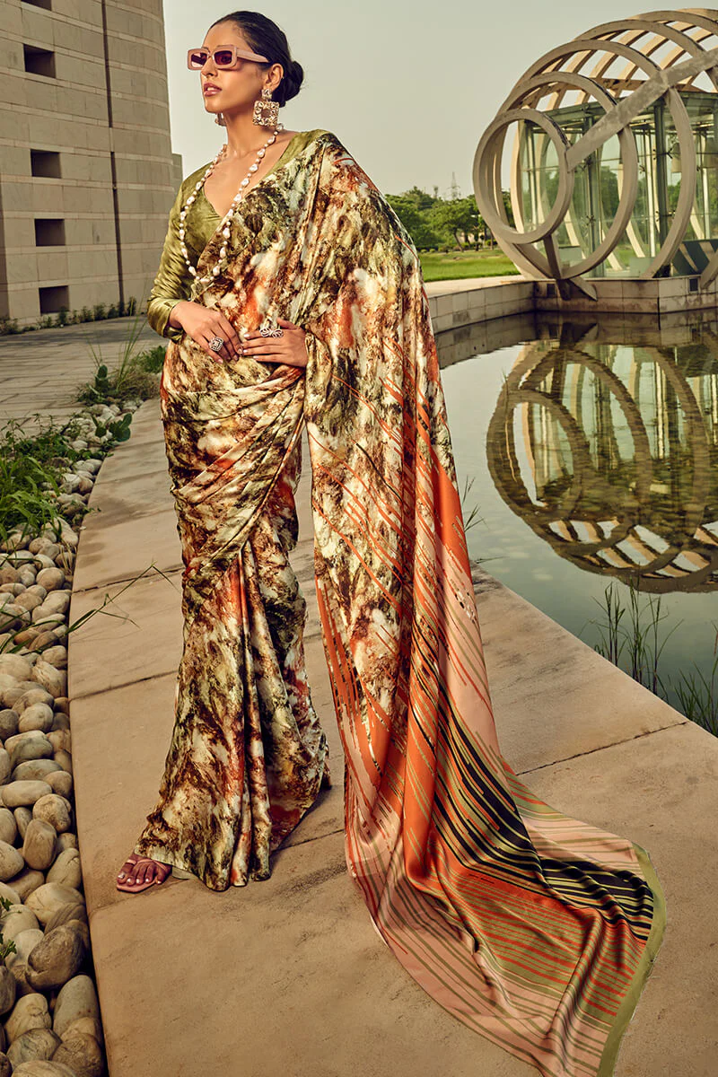 Embellished Green Digital Printed Satin Silk Saree With Effulgent Blouse Piece - Image 3