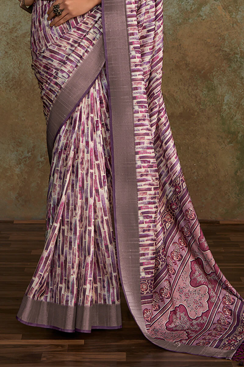 Embellished Lavender Digital Printed Soft Silk Saree With Nebula Blouse Piece - Image 4