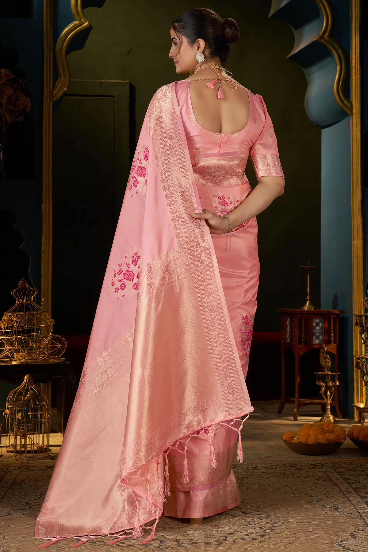 Embellished Peach Pure Zari Weaving Banarasi Silk Saree With Embrocation Blouse Piece - Image 6
