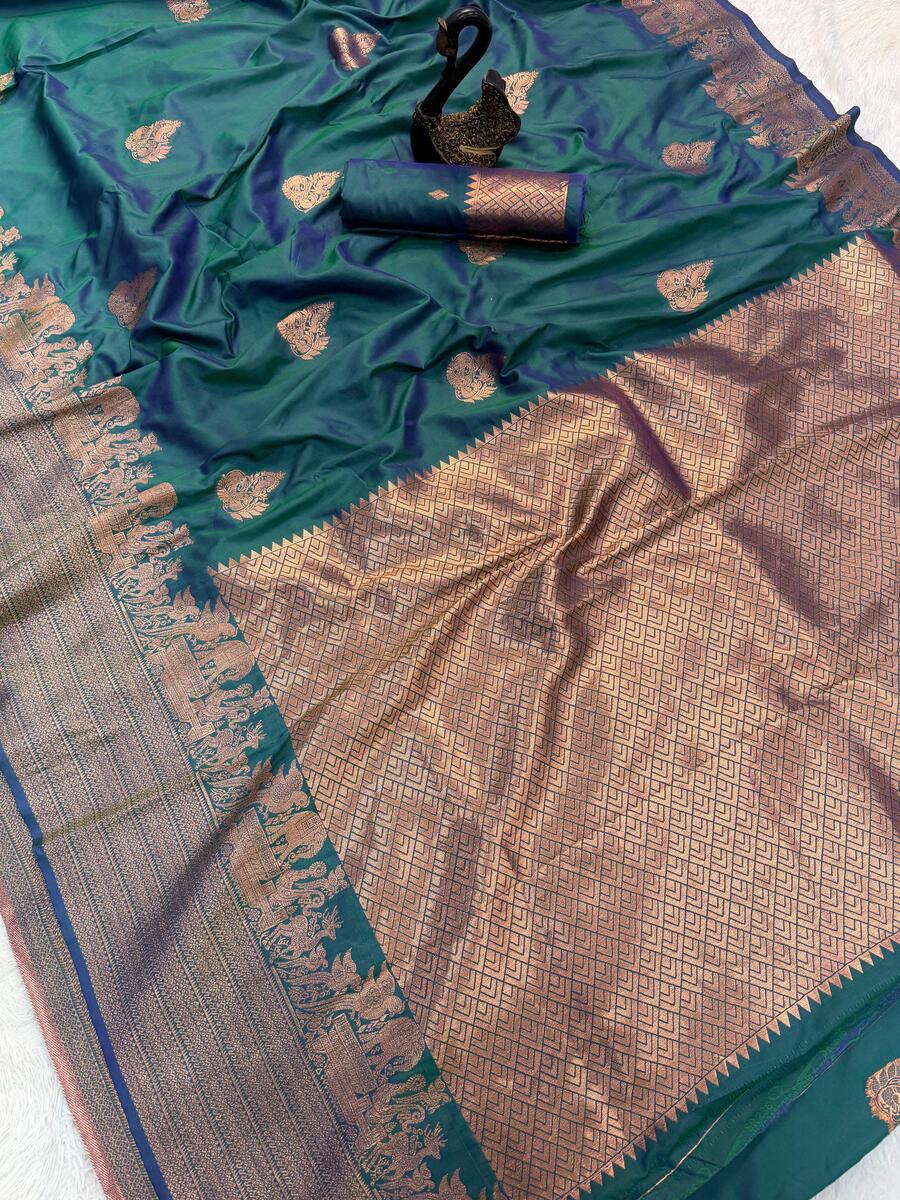 Embellished Rama Soft Banarasi Silk Saree With Gossamer Blouse Piece - Image 2