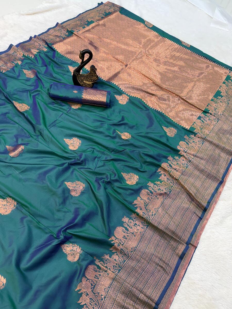 Embellished Rama Soft Banarasi Silk Saree With Gossamer Blouse Piece - Image 3
