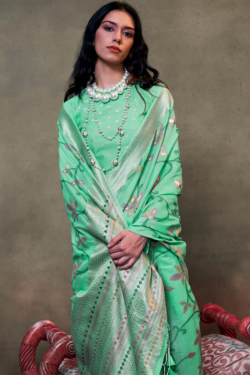 Embellished Turquoise Cotton Silk Saree With Tantalizing Blouse Piece - Image 2