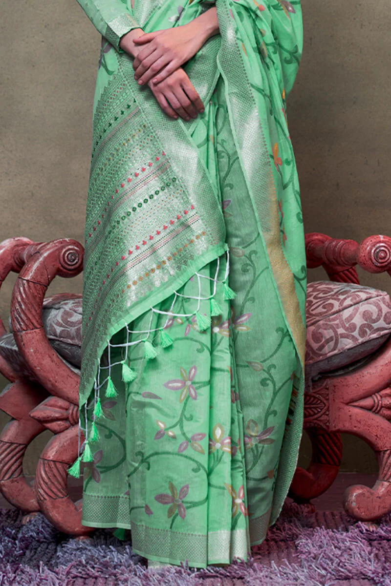 Embellished Turquoise Cotton Silk Saree With Tantalizing Blouse Piece - Image 3