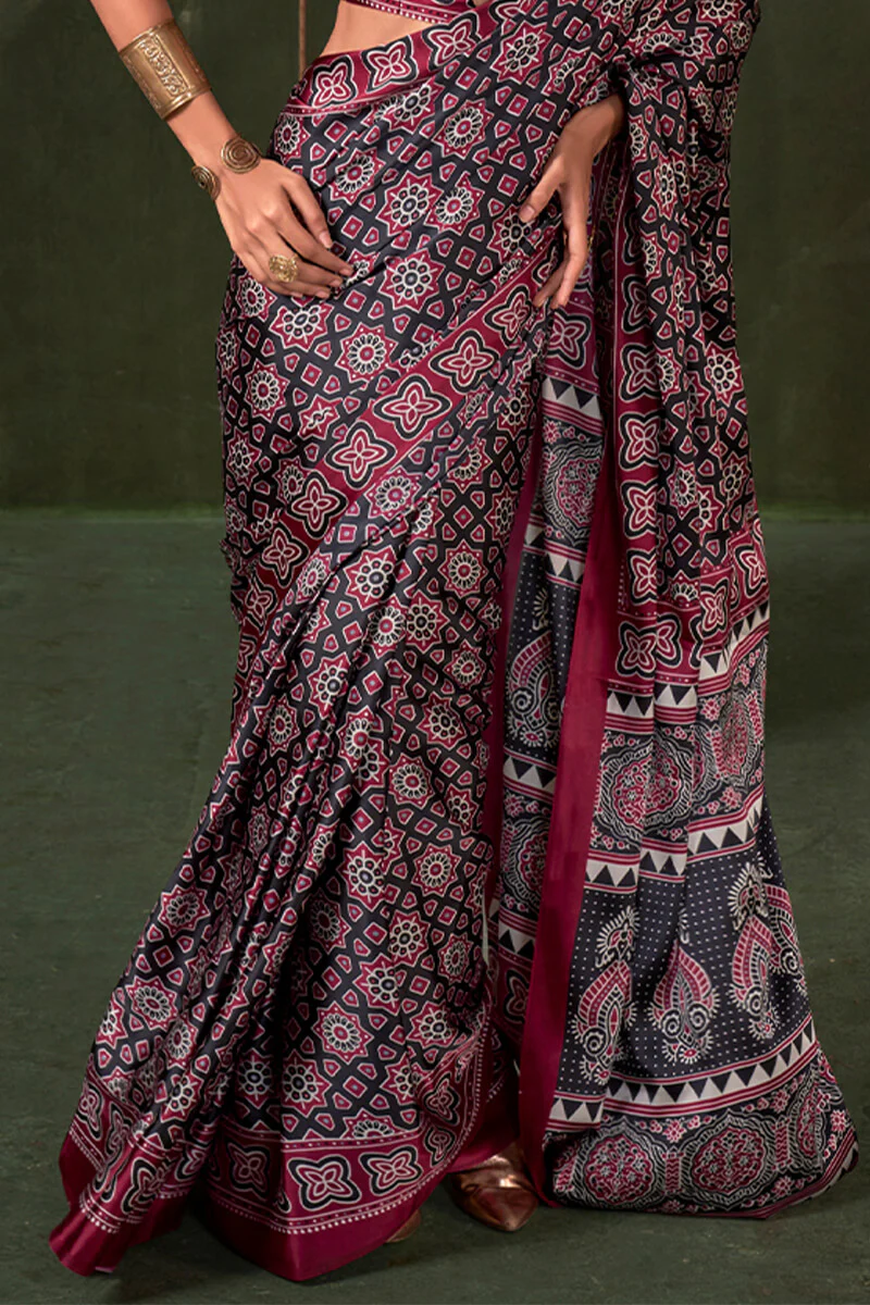 Embellished Wine Ajrakh Printed Satin Silk Saree With Majestic Blouse Piece - Image 3
