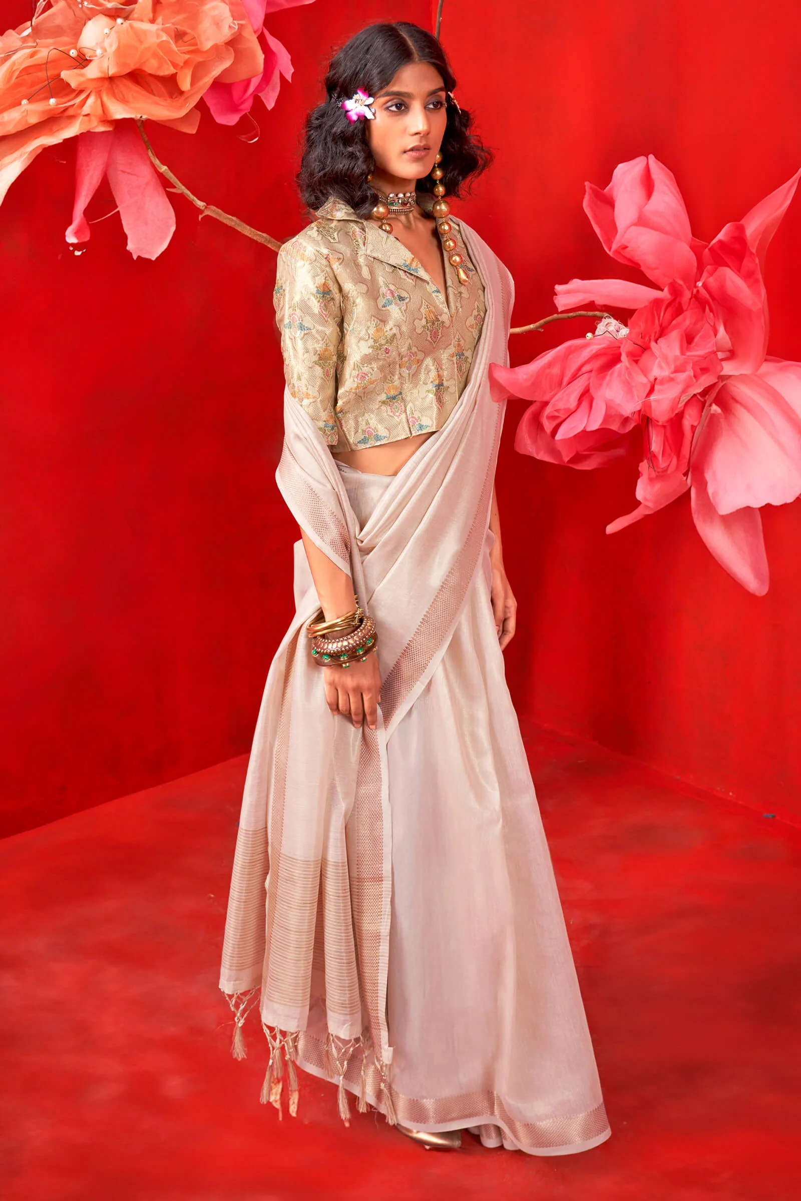 Embrocation Beige Soft Banarasi Tissue Silk Saree With Bucolic Blouse Piece - Image 2
