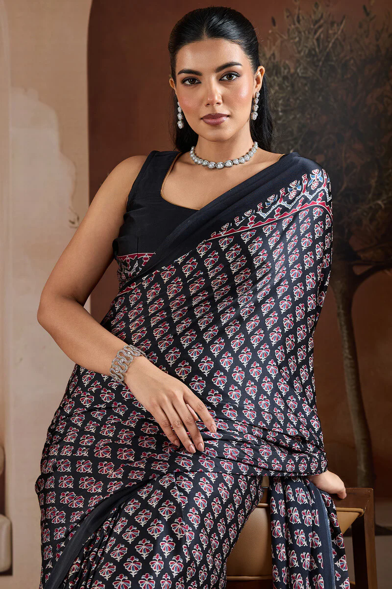 Embrocation Black Ajrakh Printed Satin Silk Saree With Fantabulous Blouse Piece - Image 2