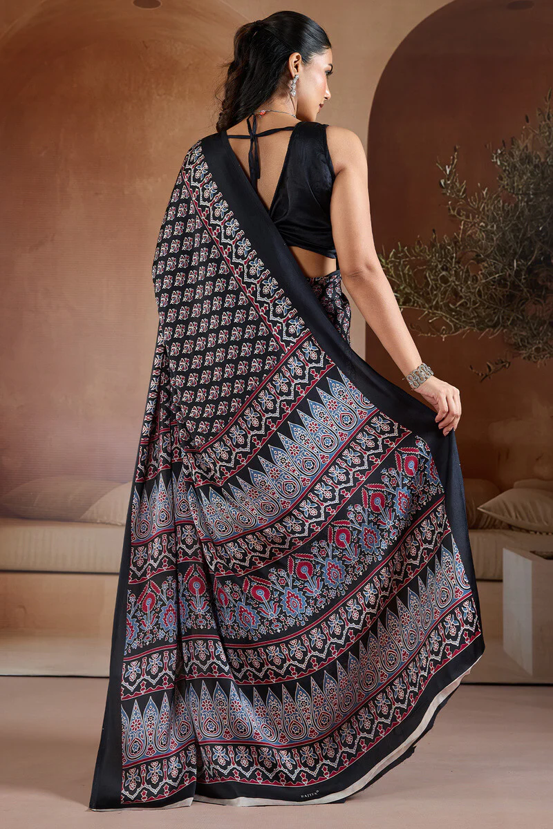 Embrocation Black Ajrakh Printed Satin Silk Saree With Fantabulous Blouse Piece - Image 6