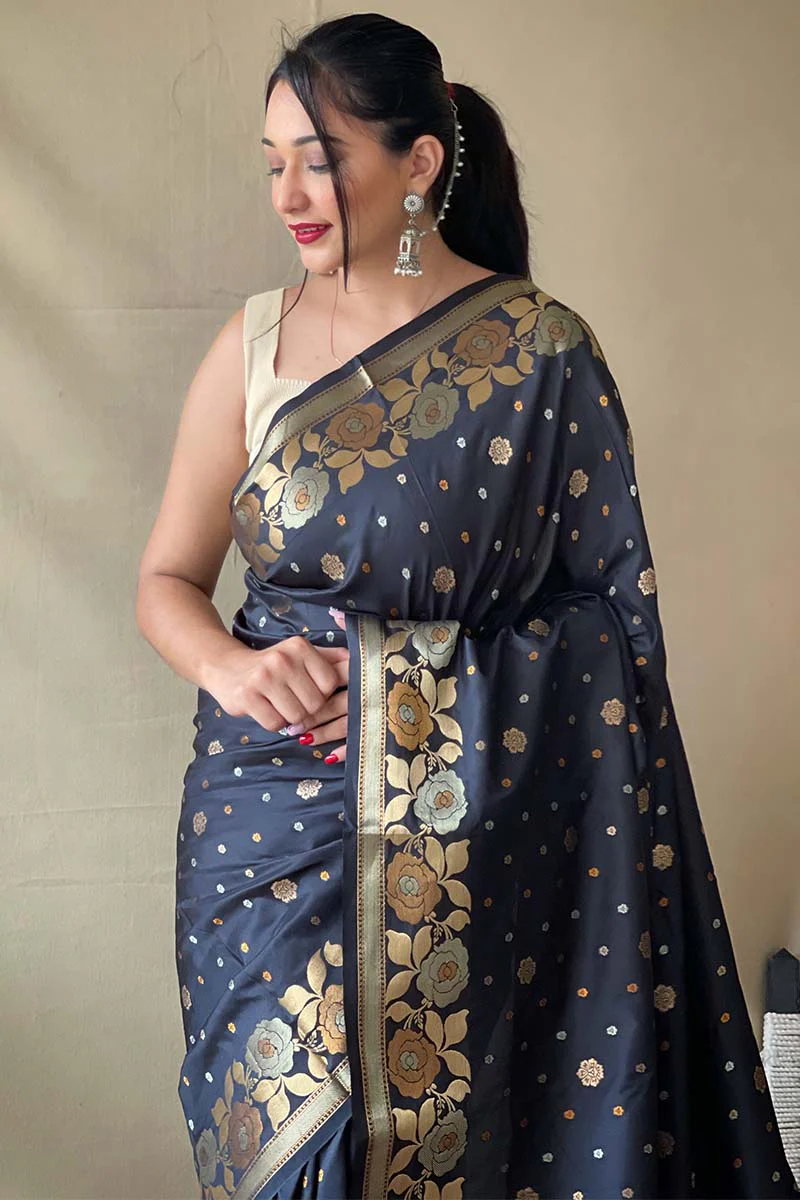 Embrocation Black Soft Banarasi Silk Saree With Lassitude Blouse Piece - Image 2