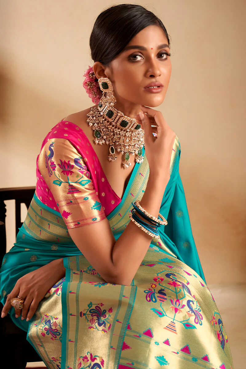 Embrocation Firozi Paithani Silk Saree With Demanding Blouse Piece - Image 2
